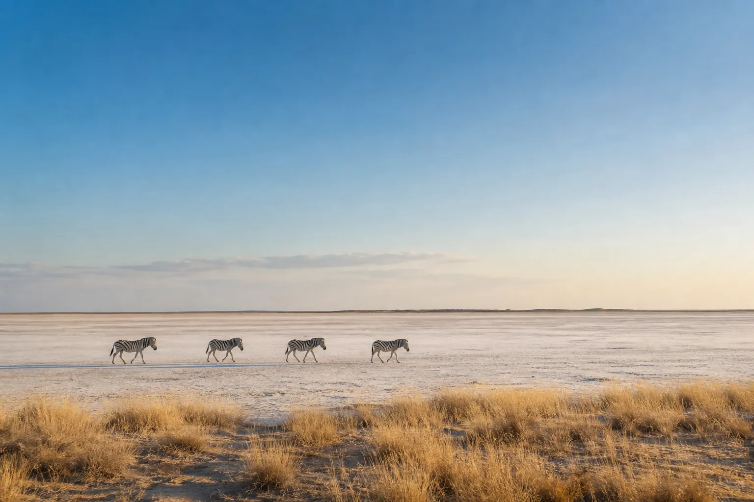 Zebras on open salt pan landscape