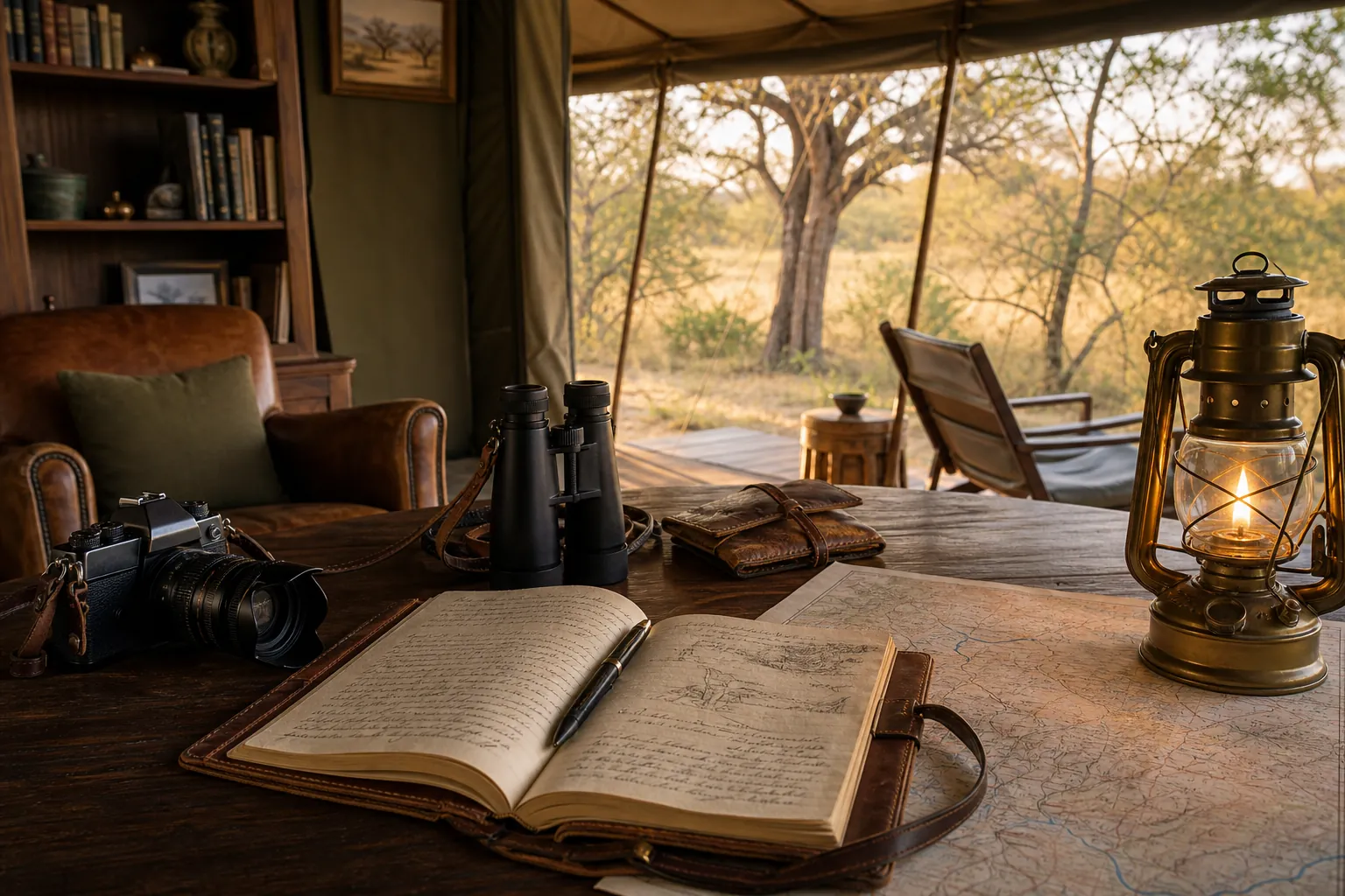 Bespoke safari itinerary planning table in a camp lounge