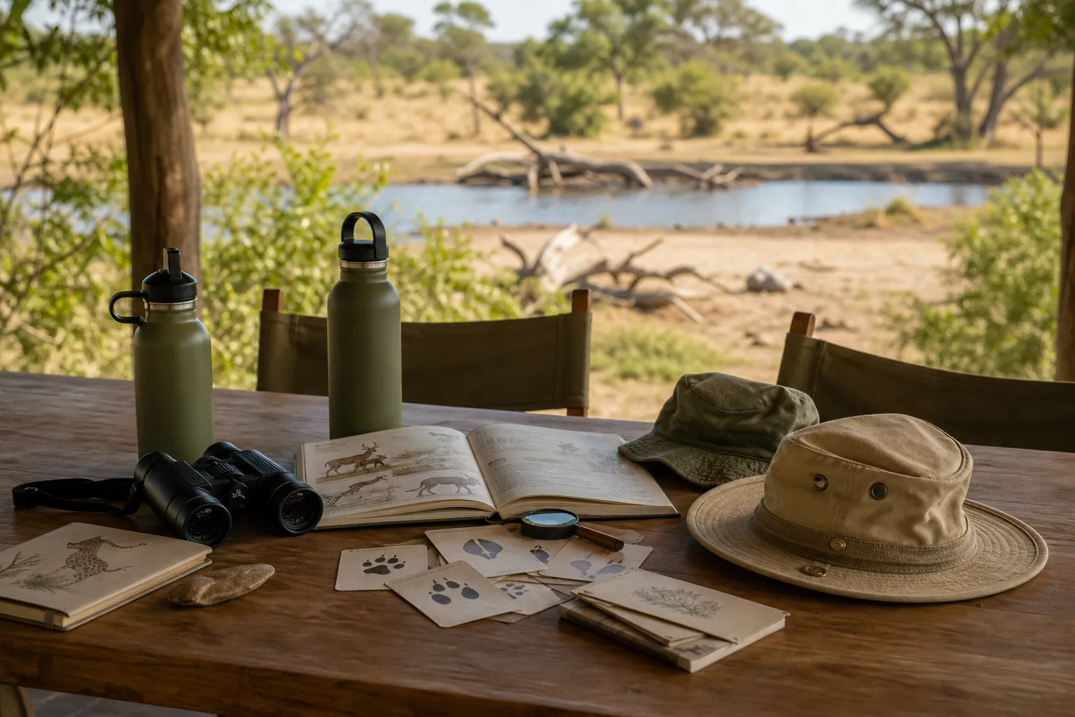 Family safari activity table with binoculars and guidebooks