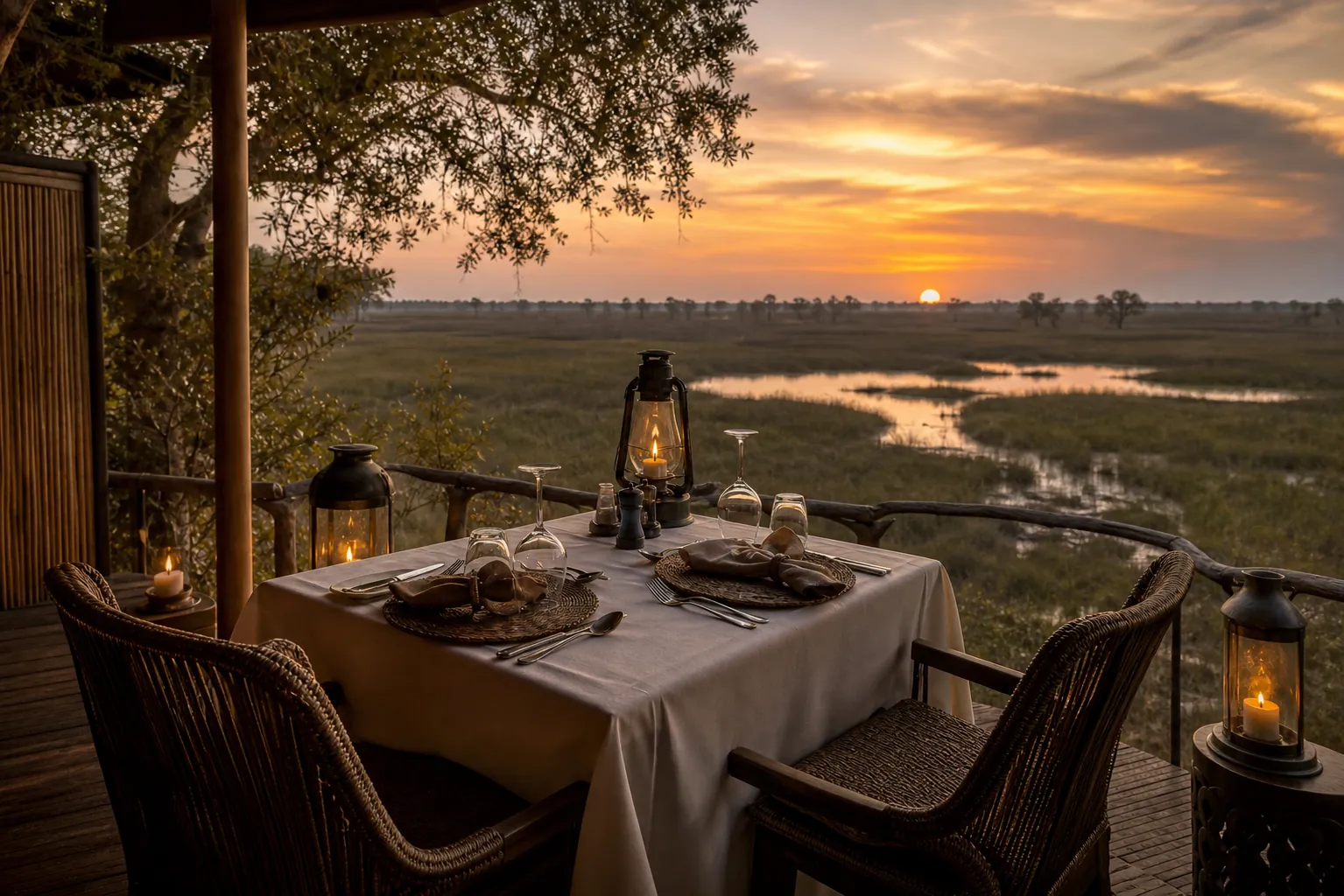 Private safari veranda dinner for two at sunset
