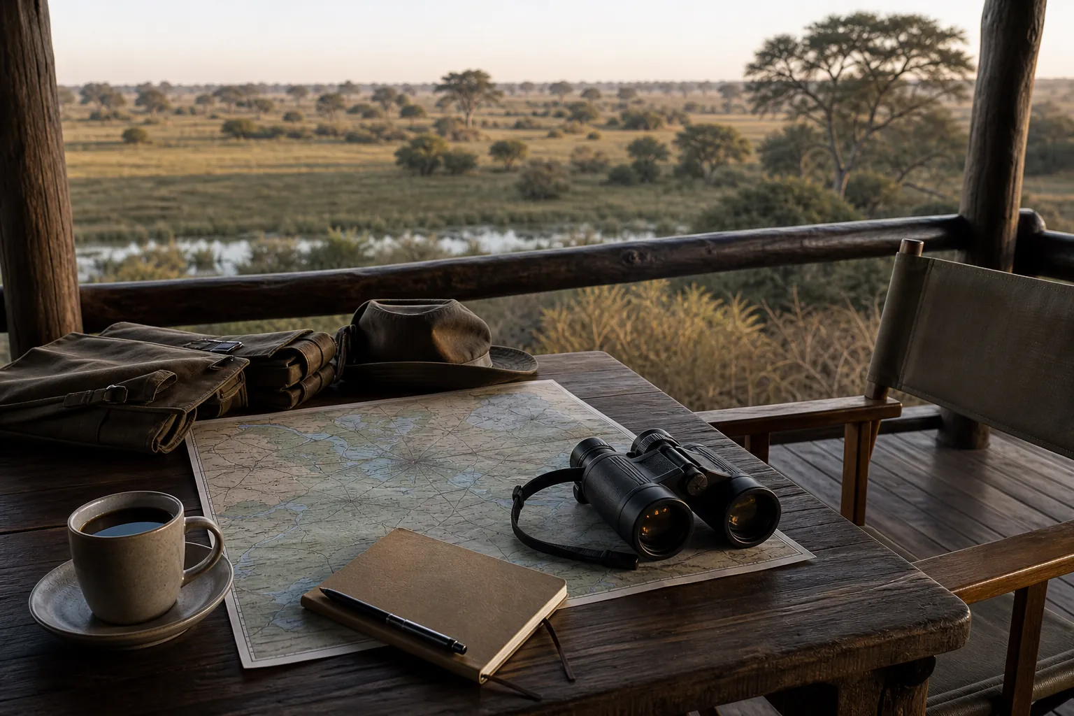 Safari planning table overlooking Botswana wilderness